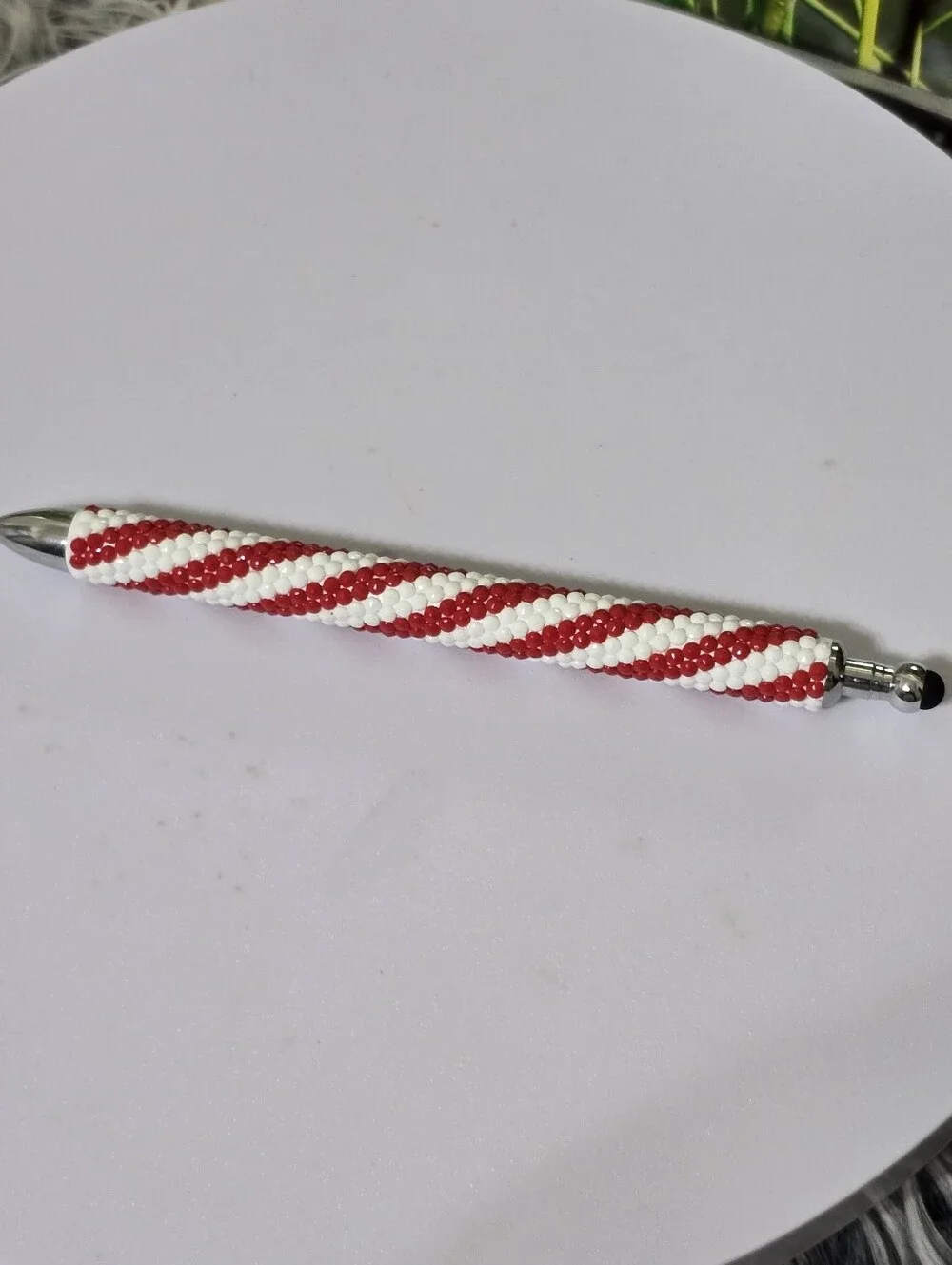 Handmade Diamond Dot Beaded Pen Red White Refillable Gel Ink Stylus Gift
